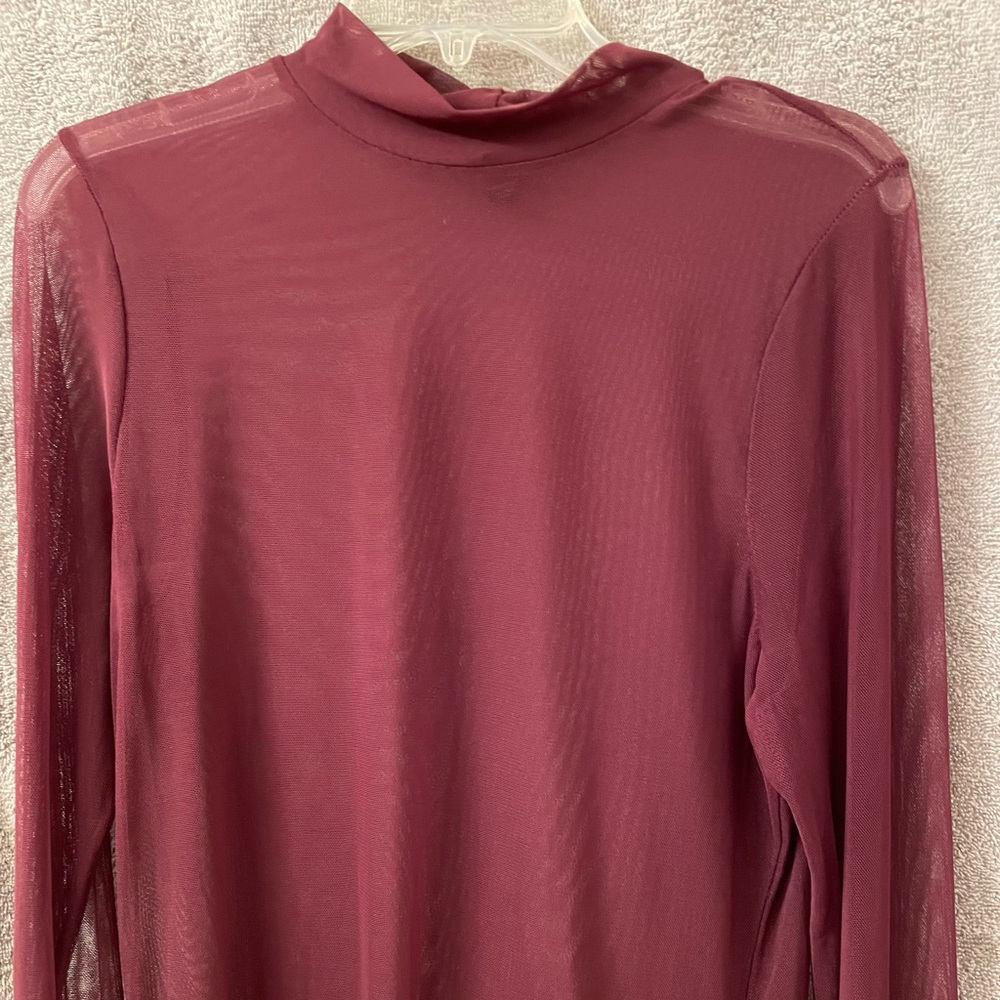 Sheer Mesh Long Sleeve Blouse -burgundy color